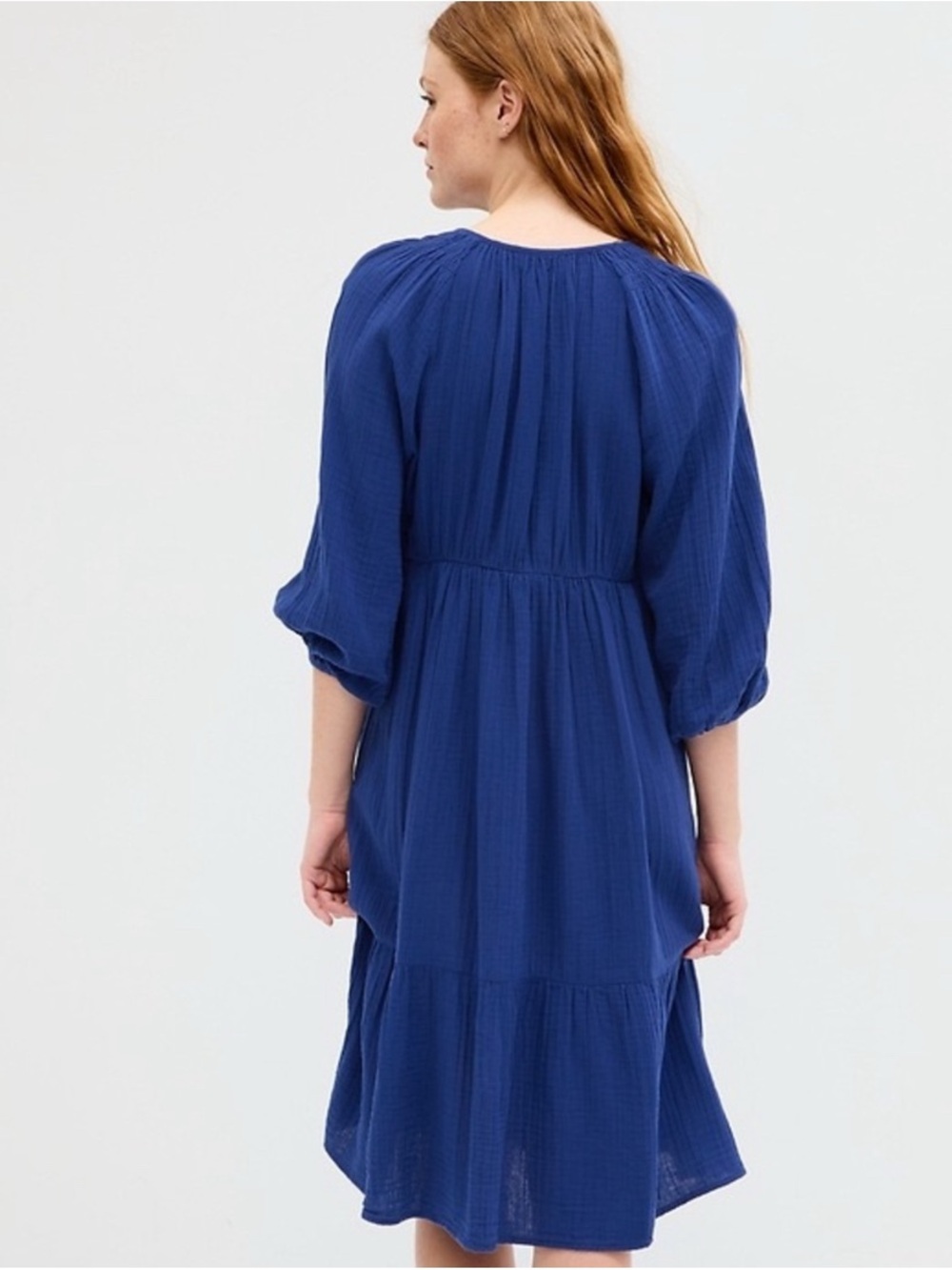 Gap Blue Gauze Cotton Tiered Midi Dress Balloon Sleeve Boho Women's Medium